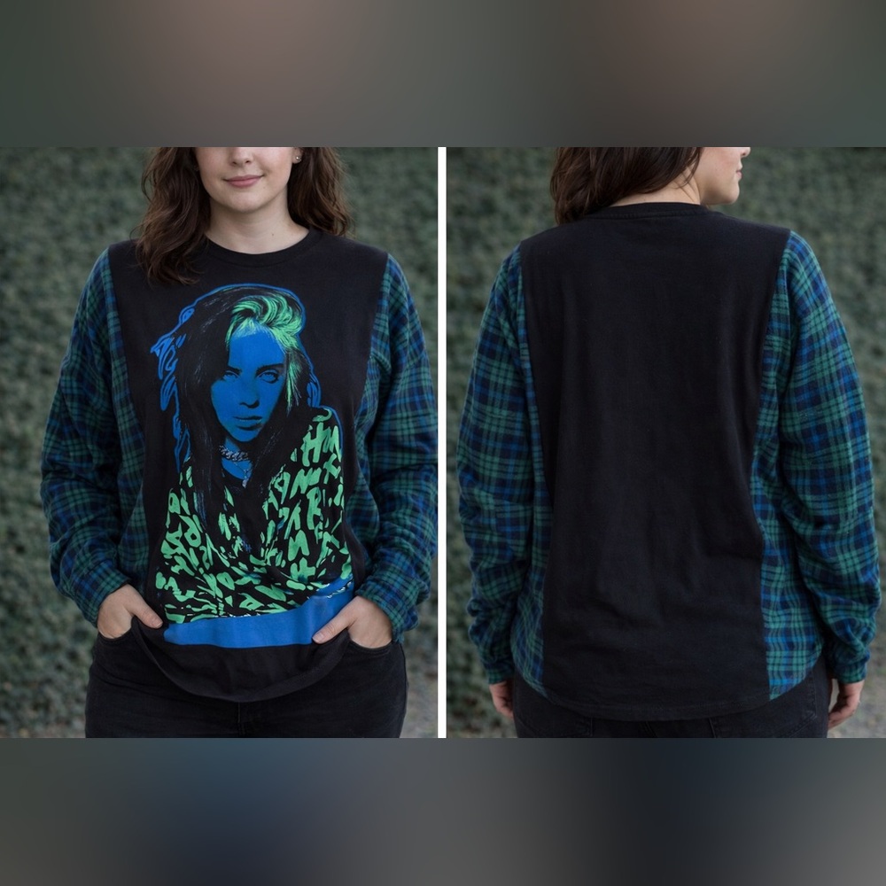 Custom Upcycled Billie Eilish Neon Graphic Tee Top Flannel Sleeves OSFM OOAK